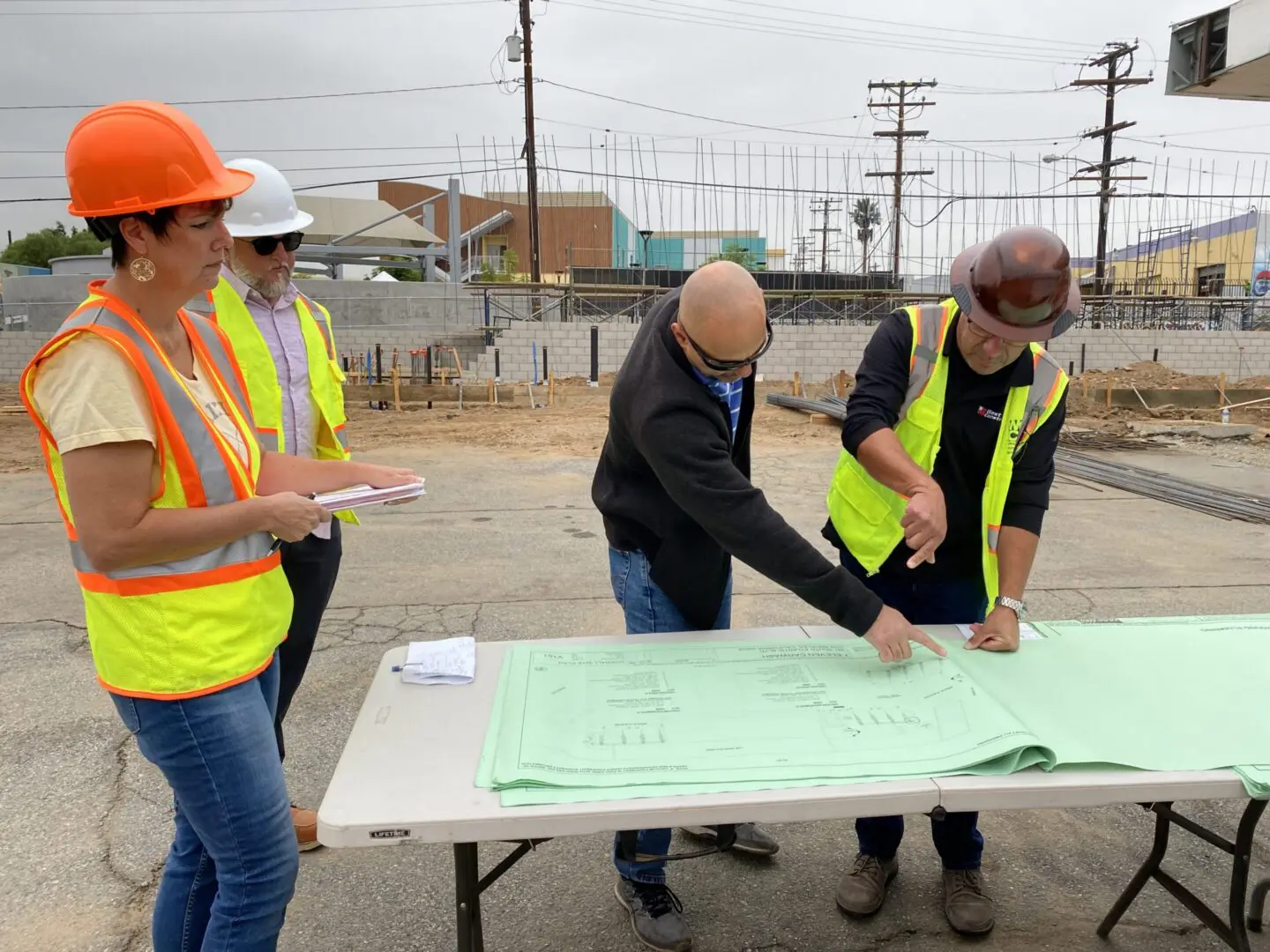 Engineers discussing project details outdoors
